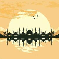 Mosque Silhouette with Mountains and Sunset in the Background vector