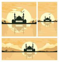 colección de mezquita silueta con montañas y puesta de sol en el antecedentes vector