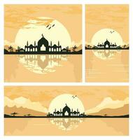 Collection of Mosque Silhouette with Mountains and Sunset in the Background vector