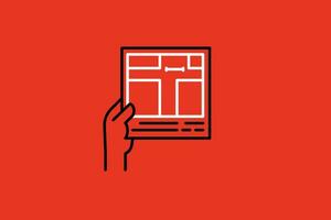 Hand holding a drawing. Vector illustration. Isolated on red background.