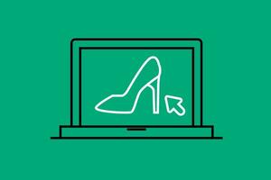 Laptop with high-heeled shoes line icon on green background vector