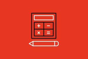calculator and pencil icon on red background, vector illustration.