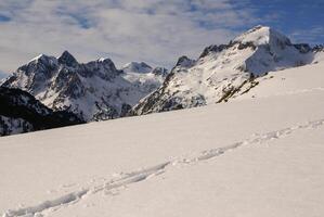 Fresh ski slope and mountains in sunny day photo