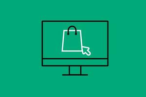 Online shopping icon in line style. Vector illustration on green background.