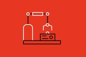 Industrial production line icon on red background. Vector illustration, flat design.