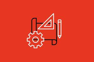 Pencil and gear line icon on red background. Flat Vector illustration.