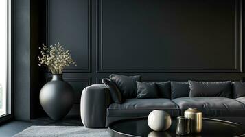 ai generado negro vivo habitación interior con negro sofá, negro café mesa y decorativo florero. ai generativo foto