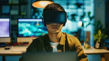 AI generated Young asian man wearing virtual reality headset and using laptop at home, ai generative photo