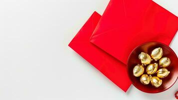 AI generated Top view of red envelopes and chocolates on white background, ai generative photo