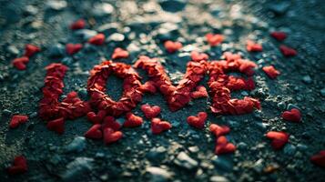 AI generated Inscription love with red hearts on the asphalt, ai generative photo