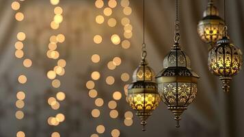 AI generated Arabic lanterns hanging on the ceiling with bokeh background, ai generative photo