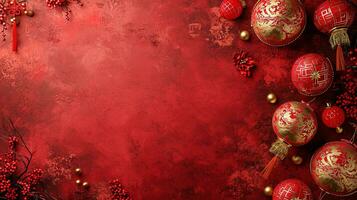 AI generated Christmas background with red baubles and snowflakes, ai generative photo