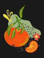 an orange and a leaf are on a black background vector