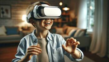 AI generated online education asian Young Boy wearing VR Headset with Living Room Background AI Generative photo