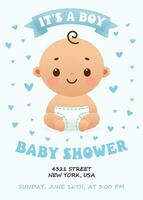 Cute baby shower invitation card for baby and kids new born celebration. Its a boy card with little baby boy and hearts. Design template card. vector