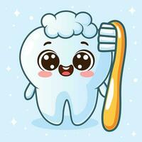 Cute tooth character and toothbrush in cartoon style. Dental personage vector illustration. Illustration for children dentistry. Happy tooth icon.