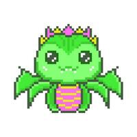 Cute green pixel dragons with open wings. Kawaii funny woody dinosaur with fantasy 8bit graphics and fabulous horns and legendary smiling little vector monsters