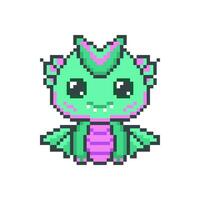 Happy green pixel dragons. Kawaii mythical funny dinosaur with fantasy 8bit graphics and horns with legendary smiling little vector monsters