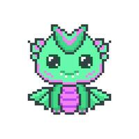 Happy green pixel dragons. Kawaii mythical funny dinosaur with fantasy 8bit graphics and horns with legendary smiling little vector monsters