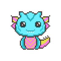 Cute turquoise pixel dragons. Kawaii dinosaur with funny ears and fantasy 8bit graphics and fabulous horns and legendary smiling little vector monsters