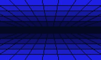 Pixel blue cyber perspective mesh tunnel background. Pixelated digital tile corridor with techno grid lines and endless futuristic surface in 80s electronic style with simple vector design