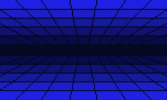 Pixel blue cyber perspective mesh tunnel background. Pixelated digital tile corridor with techno grid lines and endless futuristic surface in 80s electronic style with simple vector design