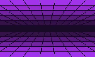 Pixel purple cyber perspective mesh tunnel background. Retro digital corridor with techno grid lines and endless futuristic surface in 80s electronic style with simple vector design