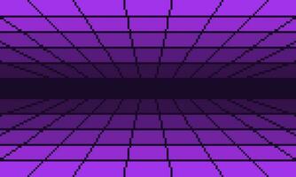 Pixel purple cyber perspective mesh tunnel background. Retro digital corridor with techno grid lines and endless futuristic surface in 80s electronic style with simple vector design