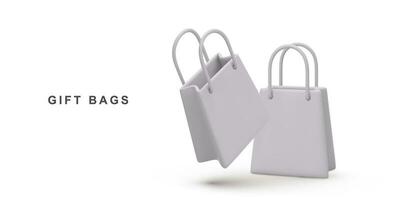 3d two realistic white shopping bags isolated on white background. Vector illustration.