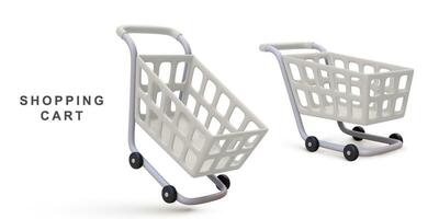 3d realistic two white shopping carts isolated on white background. Vector illustration.