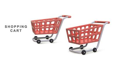 3d realistic two red shopping carts isolated on white background. Vector illustration.