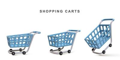 3d realistic set of blue shopping carts isolated on white background. Vector illustration.