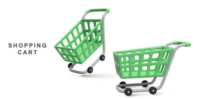 3d realistic two green shopping carts isolated on white background. Vector illustration.