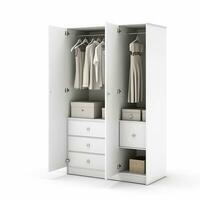 AI generated A modern white wardrobe with organized clothes and accessories on hangers photo