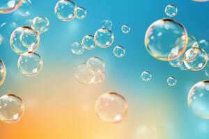 ai generado transparente jabón burbujas flotante con azul y naranja antecedentes. foto