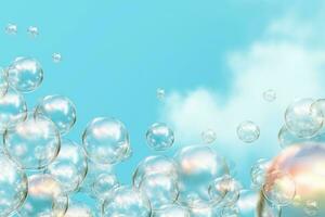 AI generated Transparent soap bubbles floating with a blue sky background. photo