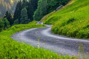 Scenic road through green forest in Switzerland photo