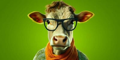 ai generado retrato de frio y gracioso vaca vistiendo lentes en estudio antecedentes. generativo ai foto
