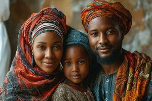 ai generado retrato de un contento africano musulmán familia en tradicional ropa. generativo ai foto