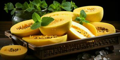 AI generated Fresh Canary Melon with Water Drops. Generative AI photo