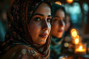 ai generado árabe musulmán mujer reunir juntos durante Ramadán con delicioso platos en el mesa. iftar cena. generativo ai foto