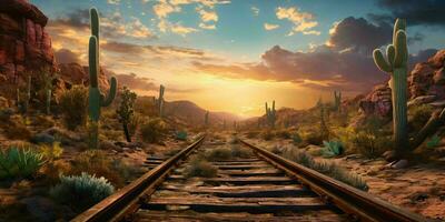 ai generado oxidado ferrocarril pista en occidental desierto. abandonado tren pista. generativo ai foto