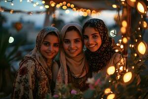 ai generado grupo de contento musulmán mujer vistiendo hijab tomando selfie con móvil teléfono a puesta de sol. generativo ai foto