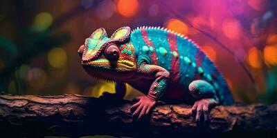 AI generated Colorful Chameleon Perched on a Tree Branch with Vibrant Neon Light Effect. Digital Art. Generative AI photo