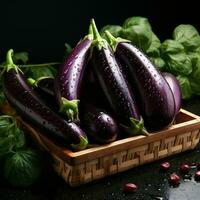 AI generated Fresh Eggplant with Water Droplets. Group of Aubergine. Generative AI photo