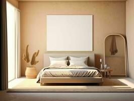 AI generated Minimalist Beige Bed Room Interior Design with Blank White Picture Frame Mockup. Generative AI photo