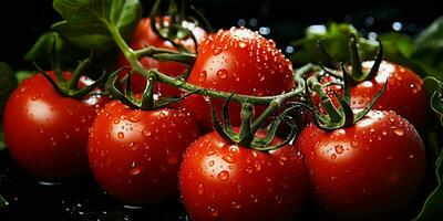 ai generado Fresco Tomates con agua gotas aislado en negro antecedentes. generativo ai foto