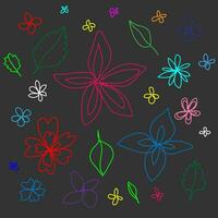 Vector abstract black background decorated with colored flowers and leaves drawn in doodle style