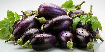 AI generated Fresh Eggplant with Water Droplets. Group of Aubergine. Generative AI photo