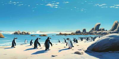 AI generated Penguin Colony on the Beach with Beautiful landscape View. Generative AI photo